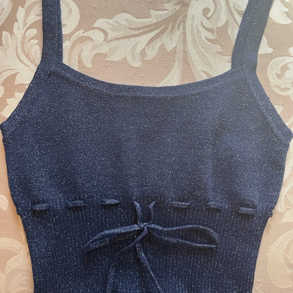 Navy Blue Knit Crop Top with Bow Detail size S